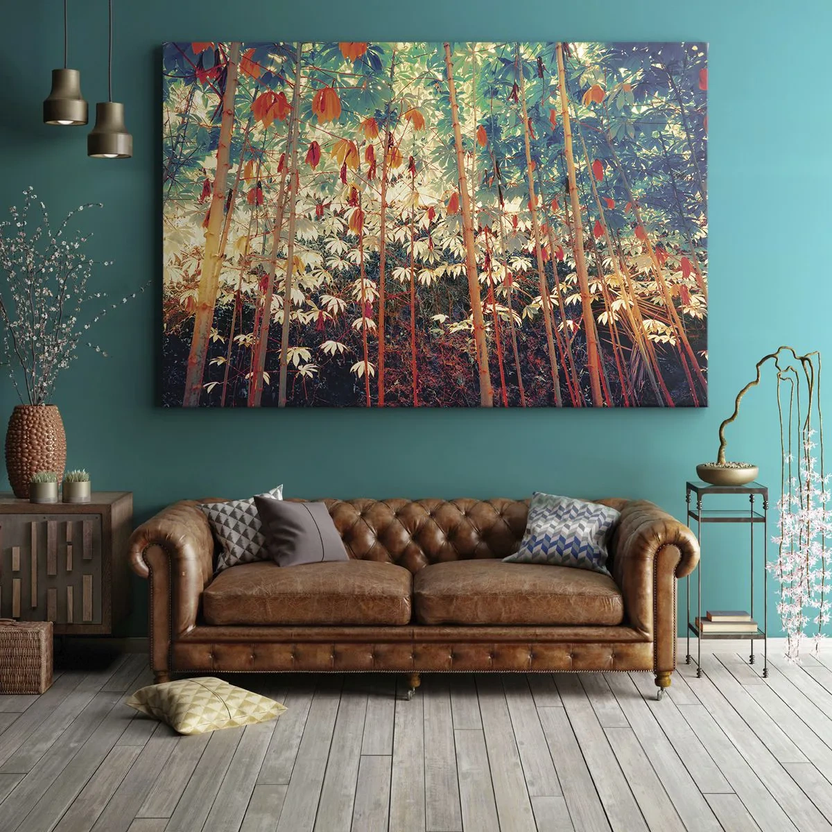 Canvastavla - Bild på duk - En färgglad bambuskog med intensiva färger - 70x50cm - Lövbladens hemlighetsfulla liv - Modern väggdekoration för vardagsrum och sovrum ARTTOR