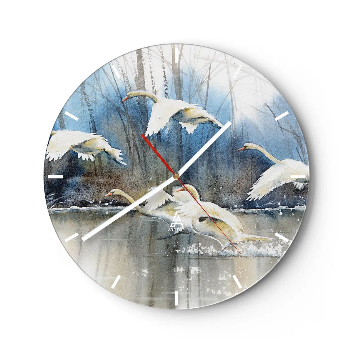 Väggklocka - Klocka på glas - Svanar som flyger upp från sjöytan med skogen i bakgrunden - 30x30cm - Som i en saga om vilda svanar - Modern väggdekoration för vardagsrum, kök och sovrum ARTTOR