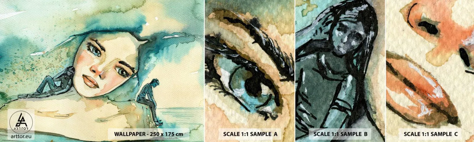 Provbit av självhäftande fototapet Deluxe Sticker - Am I blue? - Abstraktion, Kvinnans ansikte, Målning - 100x30 cm