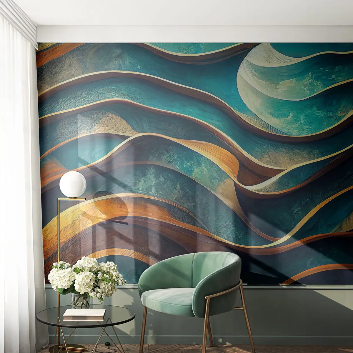 Fototapet Premium Sand - Meandrar av blått - Vågor, Abstraktion, Tredimensionell - 100x70 cm