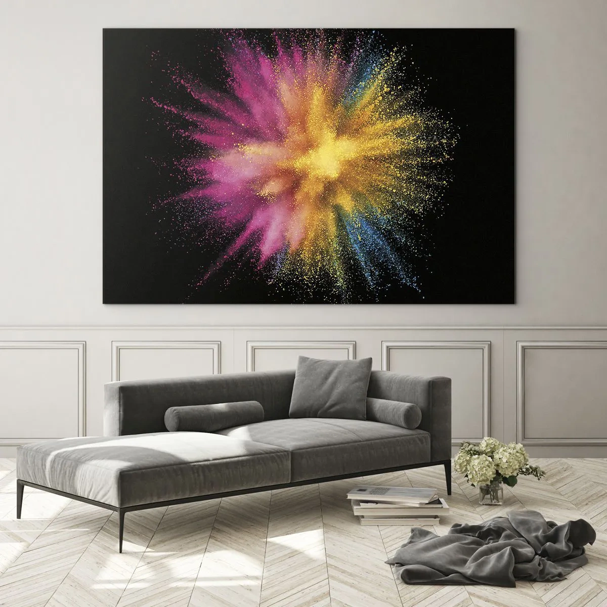 Glastavla - Bild på glas - Färgglad pulverexplosion på svart bakgrund - 70x50cm - Färgerna föds  - Modern väggdekoration för vardagsrum och sovrum ARTTOR