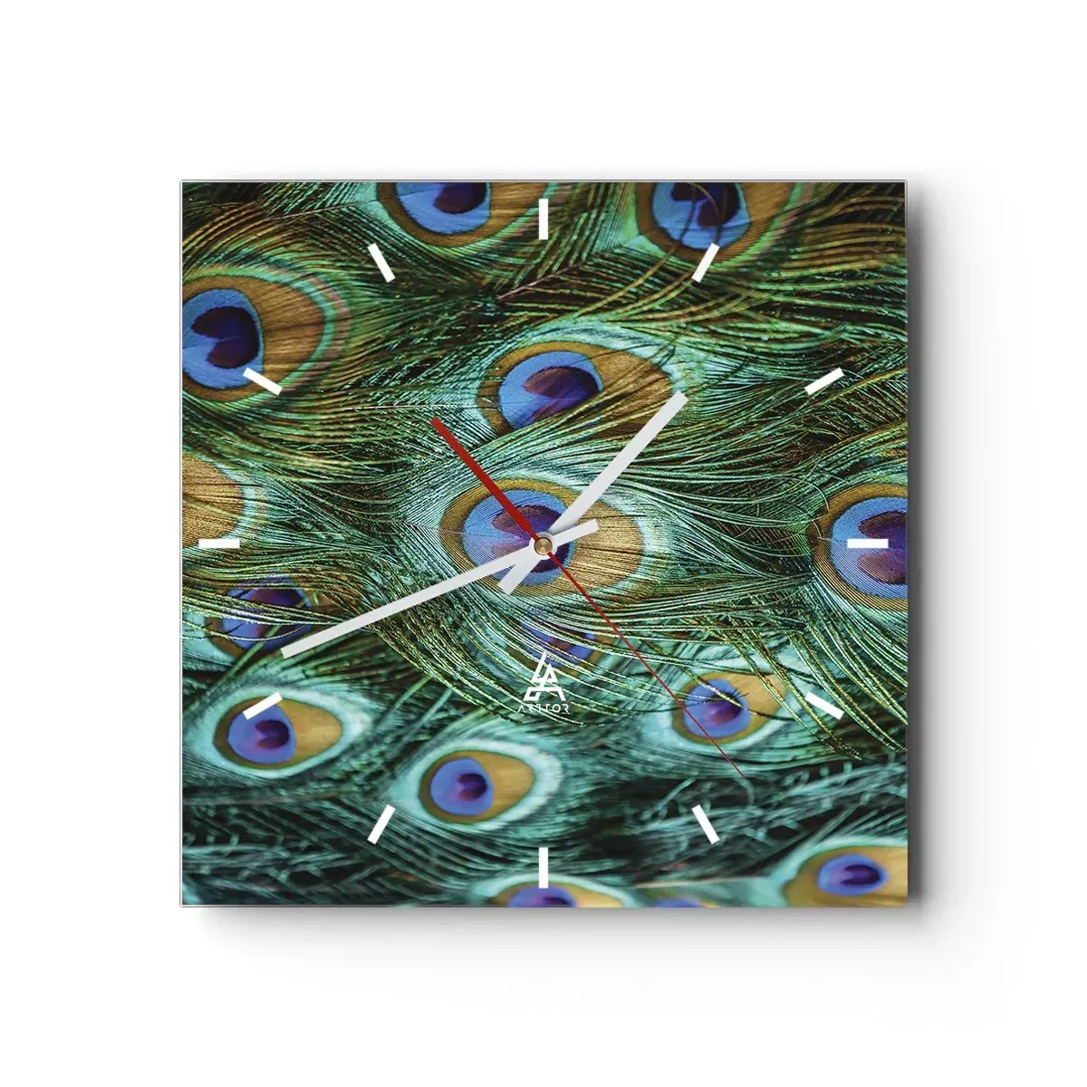Väggklocka - Klocka på glas - Påfågels blick - 30x30 cm