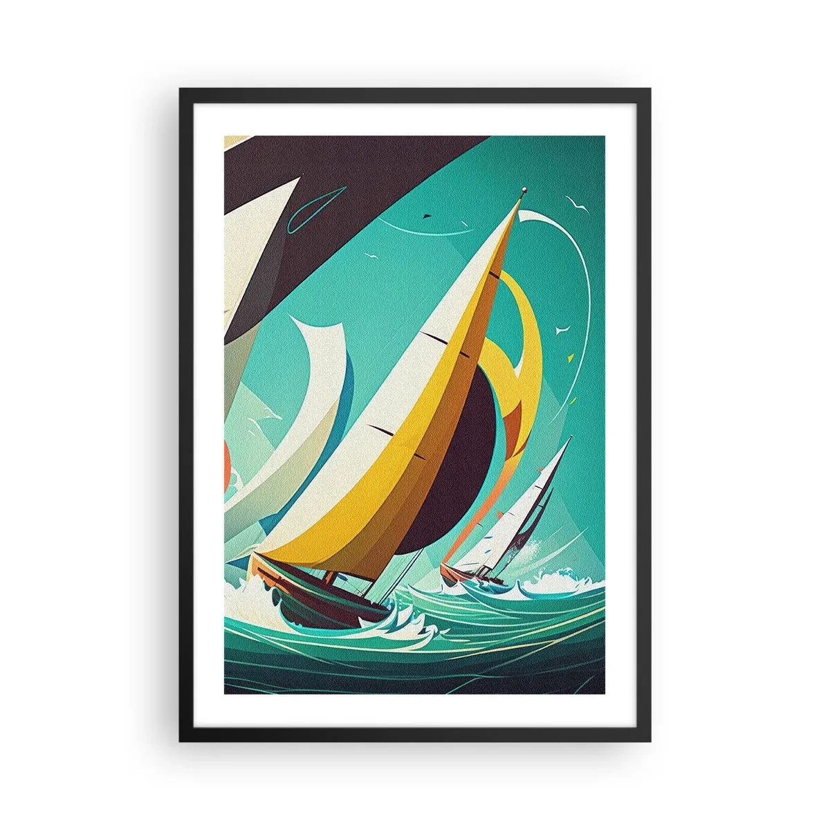 Affisch i svart ram - Abstrakt seglingsregatta på ett stormigt hav - 50x70cm - Icke rädda för elementen - Modern väggdekoration för vardagsrum och sovrum ARTTOR