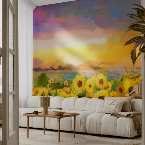 Fototapet Standard Eco - Ett fält av solrosor i den nedgående solens strålar - 100x70cm - Själva solen gick ner på jorden - Modern väggdekoration för vardagsrum och sovrum ARTTOR