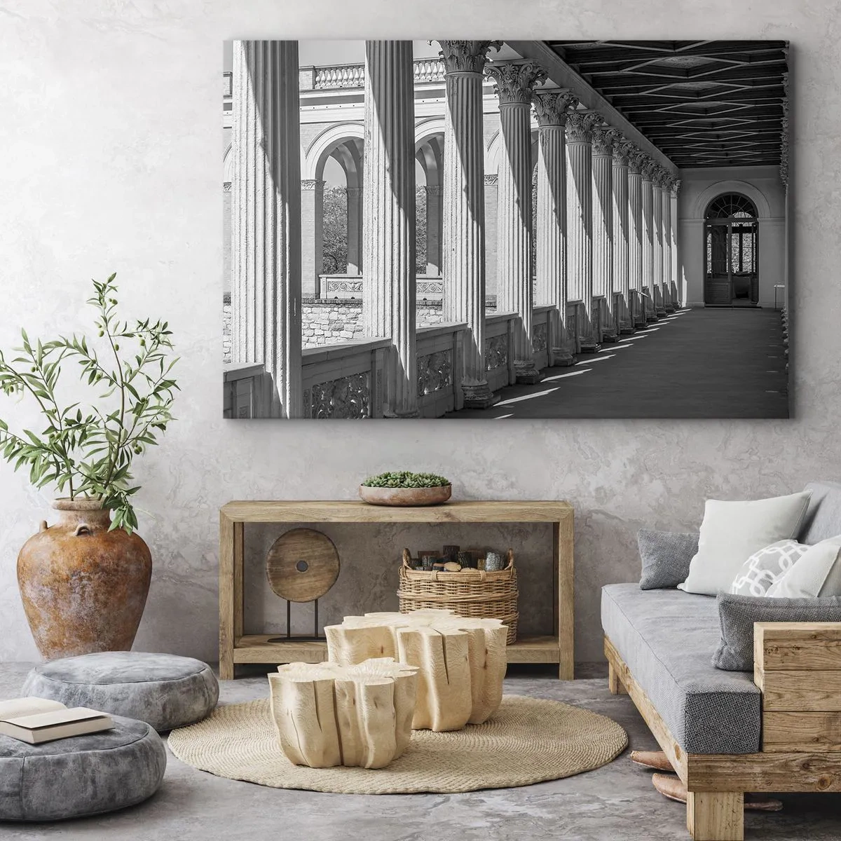 Canvastavla - Bild på duk - Klassisk kolonnad i svartvitt - 70x50cm - Solig arkad - Modern väggdekoration för vardagsrum och sovrum ARTTOR