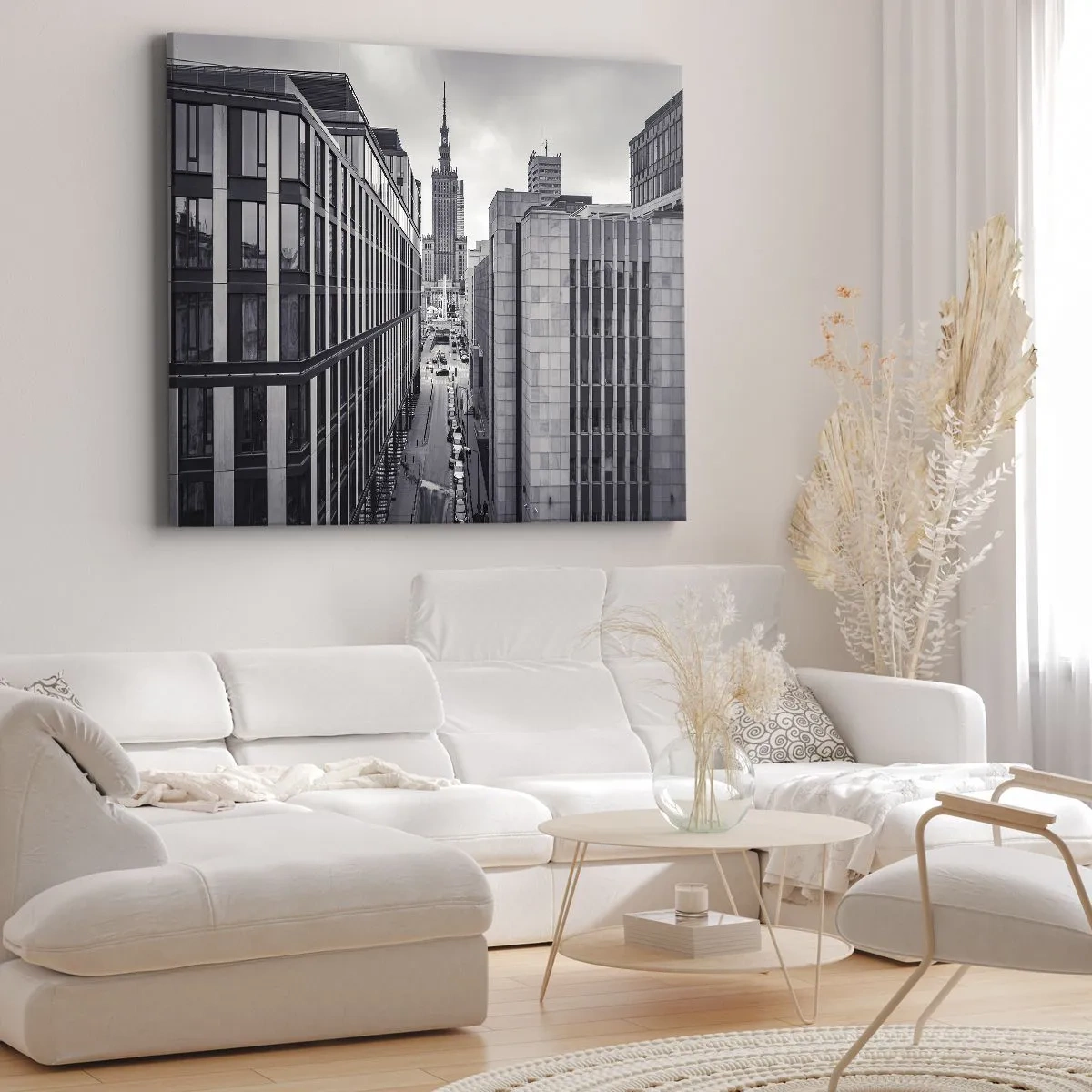 Canvastavla - Bild på duk - Panorama över Warszawa med utsikt över Kulturpalatset och de omgivande byggnaderna - 70x50cm - Warszawadalen - Modern väggdekoration för vardagsrum och sovrum ARTTOR