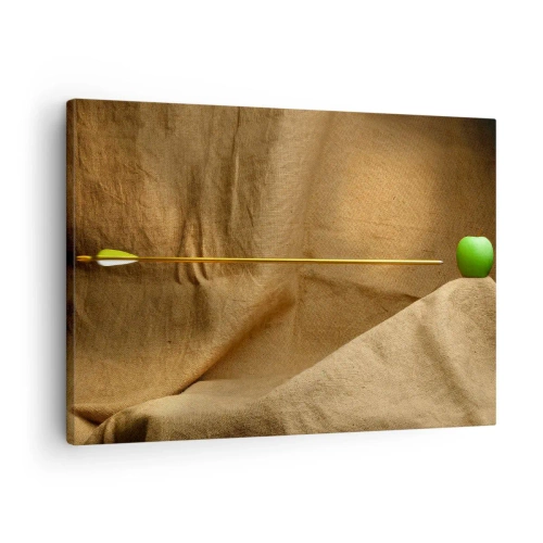 Canvastavla - Bild på duk - Grönt äpple på tyg med en pil som skapar en komposition - 70x50cm - Kalla Wilhelm Tells ande - Modern väggdekoration för vardagsrum och sovrum ARTTOR