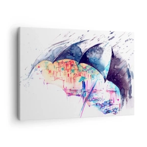 Canvastavla - Bild på duk - En färgglad stad gömd under abstrakta paraplyer - 70x50cm - Promenad i regnet - Modern väggdekoration för vardagsrum och sovrum ARTTOR