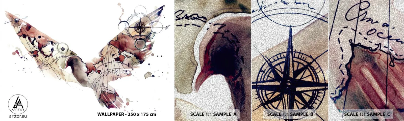 Provbit av fototapet Premium Sand - Luftburen vandrare - Fåglar, Duva, Abstraktion - 100x30 cm