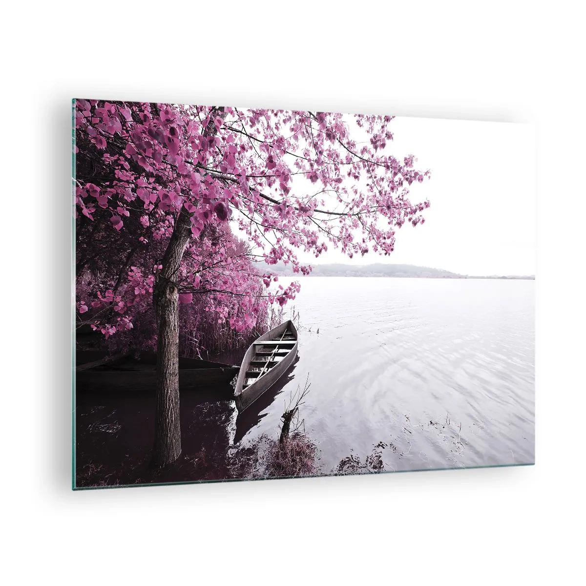 Glastavla - Bild på glas - En båt vid stranden med ett rosa träd över vattnet - 70x50cm - I rosa tystnad - Modern väggdekoration för vardagsrum och sovrum ARTTOR
