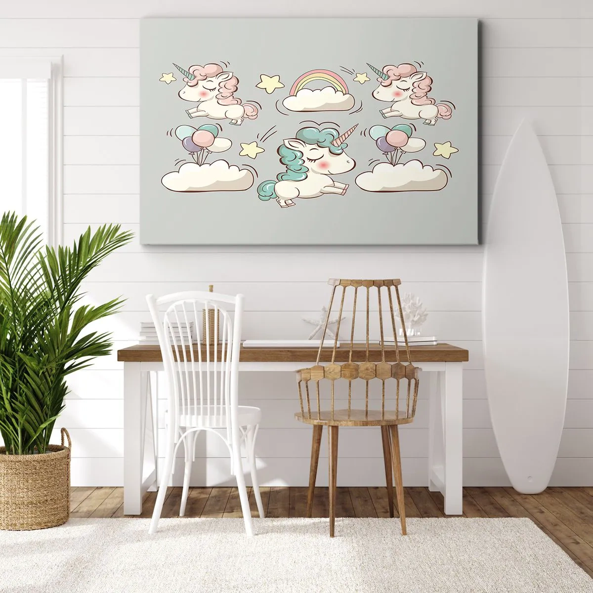 Canvastavla - Bild på duk - Söta enhörningar på en pastellbakgrund - 70x50cm - De existerar säkert... - Modern väggdekoration för vardagsrum och sovrum ARTTOR