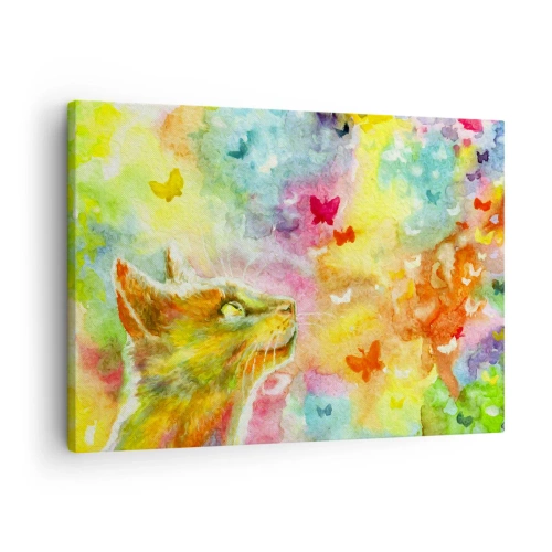 Canvastavla - Bild på duk - En katt omgiven av färgglada fjärilar - 70x50cm - I kattparadiset - Modern väggdekoration för vardagsrum och sovrum ARTTOR