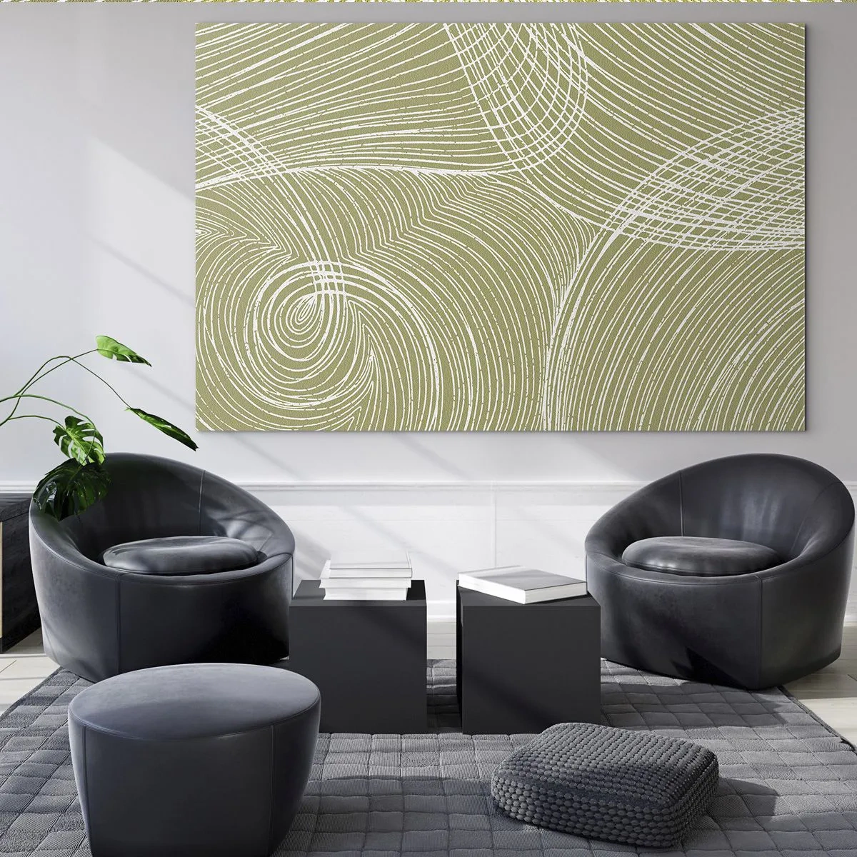 Glastavla - Bild på glas - Vita linjer bildar en komplex struktur mot en olivgrön bakgrund. - 70x50cm - Intrikat abstraktion i vitt - Modern väggdekoration för vardagsrum och sovrum ARTTOR