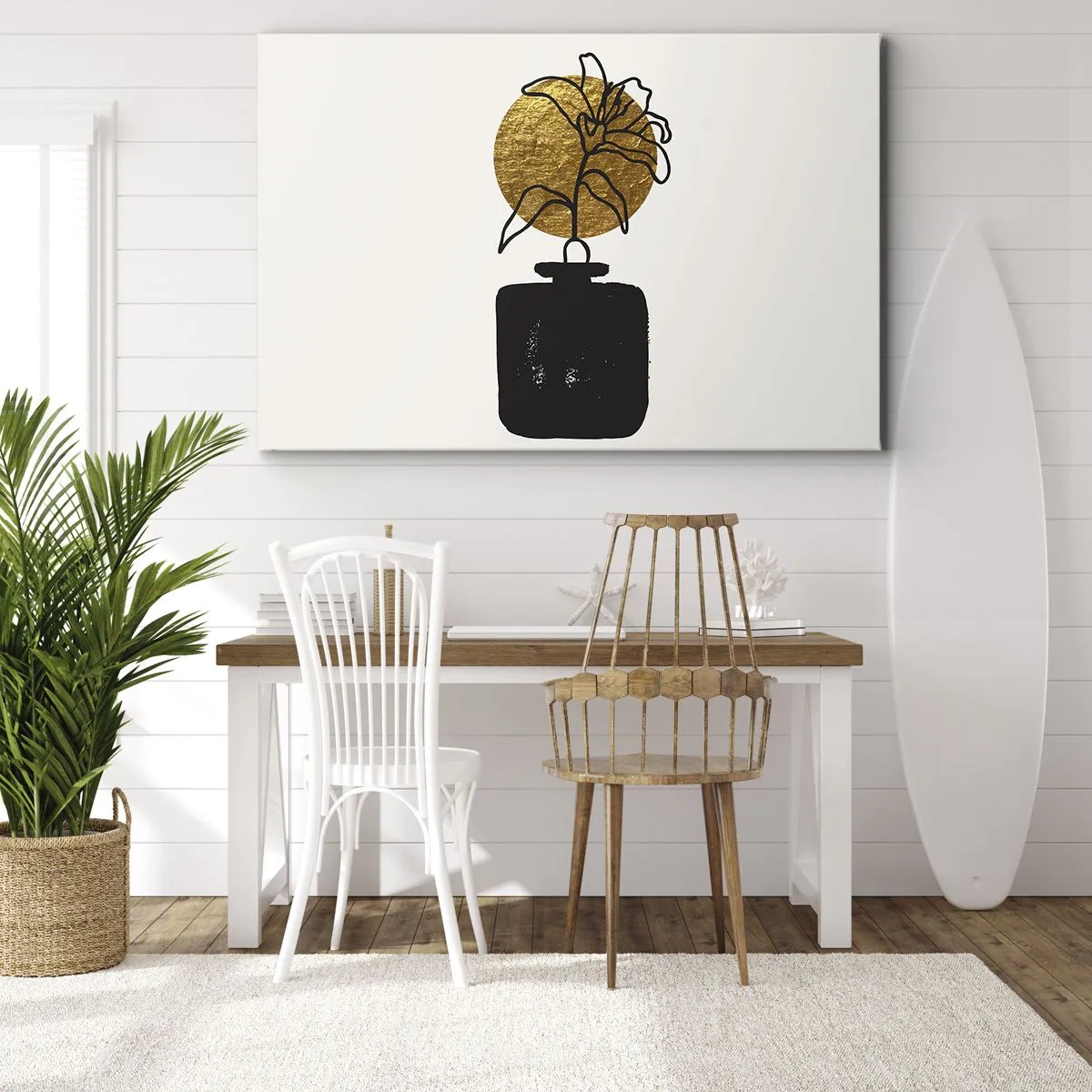 Canvastavla - Bild på duk - En teckning av en blomma i en vas mot en gyllene cirkelbakgrund - 70x50cm - Guldvärd skönhet - Modern väggdekoration för vardagsrum och sovrum ARTTOR