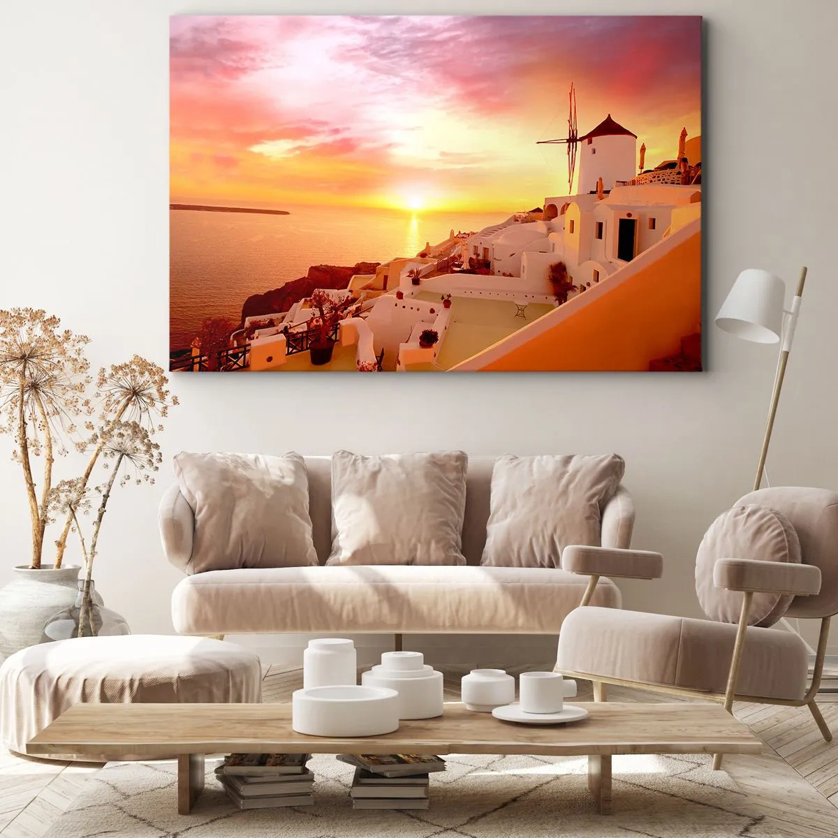 Canvastavla - Bild på duk - Santorini vid solnedgången med en väderkvarn - 70x50cm - Smälta sig in i vitt och guld - Modern väggdekoration för vardagsrum och sovrum ARTTOR