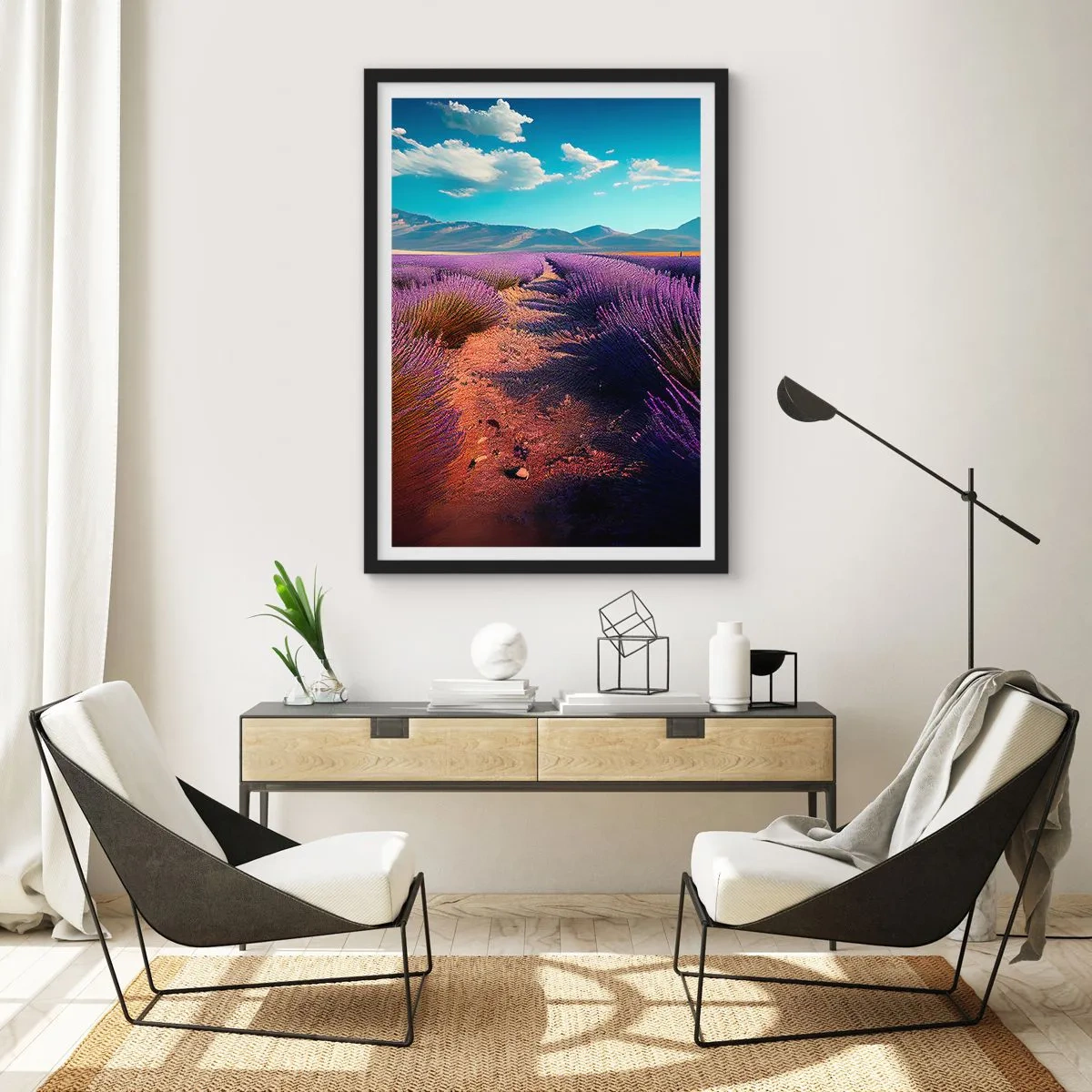 Affisch i svart ram - Ett lavendelfält vid solnedgången med ett bergslandskap i bakgrunden - 50x70cm - Doftande fält - Modern väggdekoration för vardagsrum och sovrum ARTTOR