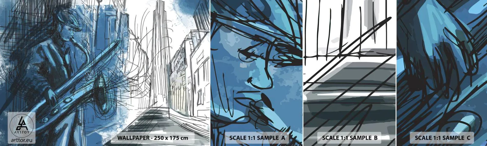 Provbit av självhäftande fototapet Deluxe Sticker - Stadsrapsodi - Saxofon, Jazz, musik - 100x30 cm