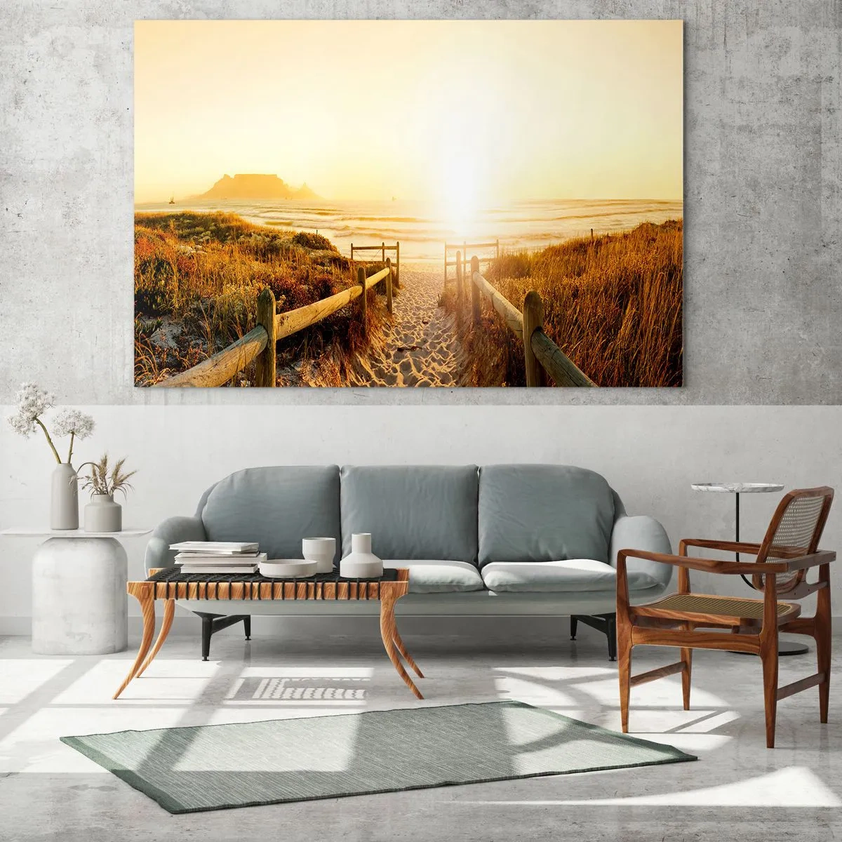 Glastavla - Bild på glas - Stigen över sanddynen som leder till stranden vid solnedgången - 70x50cm - Genom sanddynan mot solen - Modern väggdekoration för vardagsrum och sovrum ARTTOR