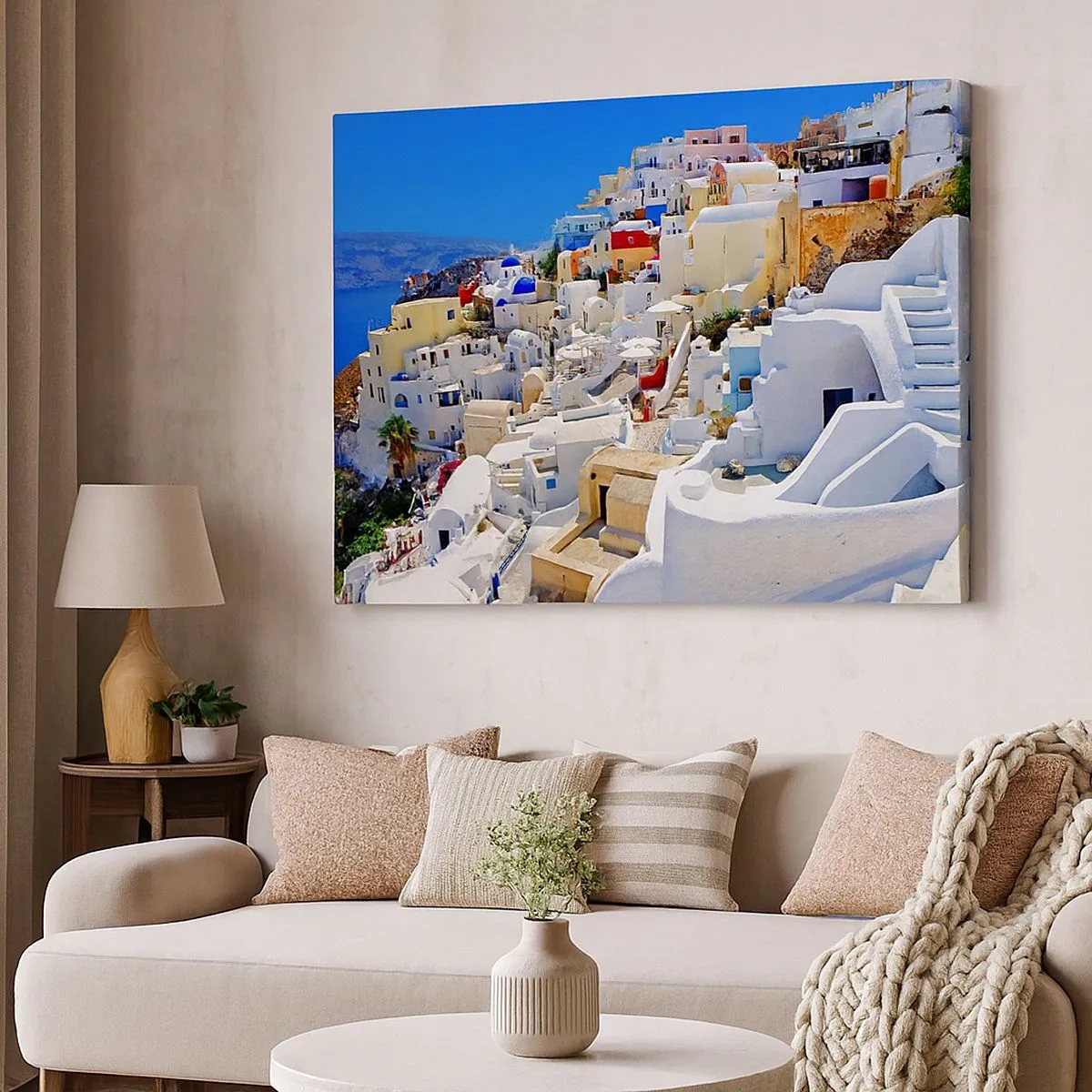 Canvastavla - Bild på duk - Panorama över Santorini med vita hus och blå himmel - 70x50cm - En dröm om grekisk sommar - Modern väggdekoration för vardagsrum och sovrum ARTTOR