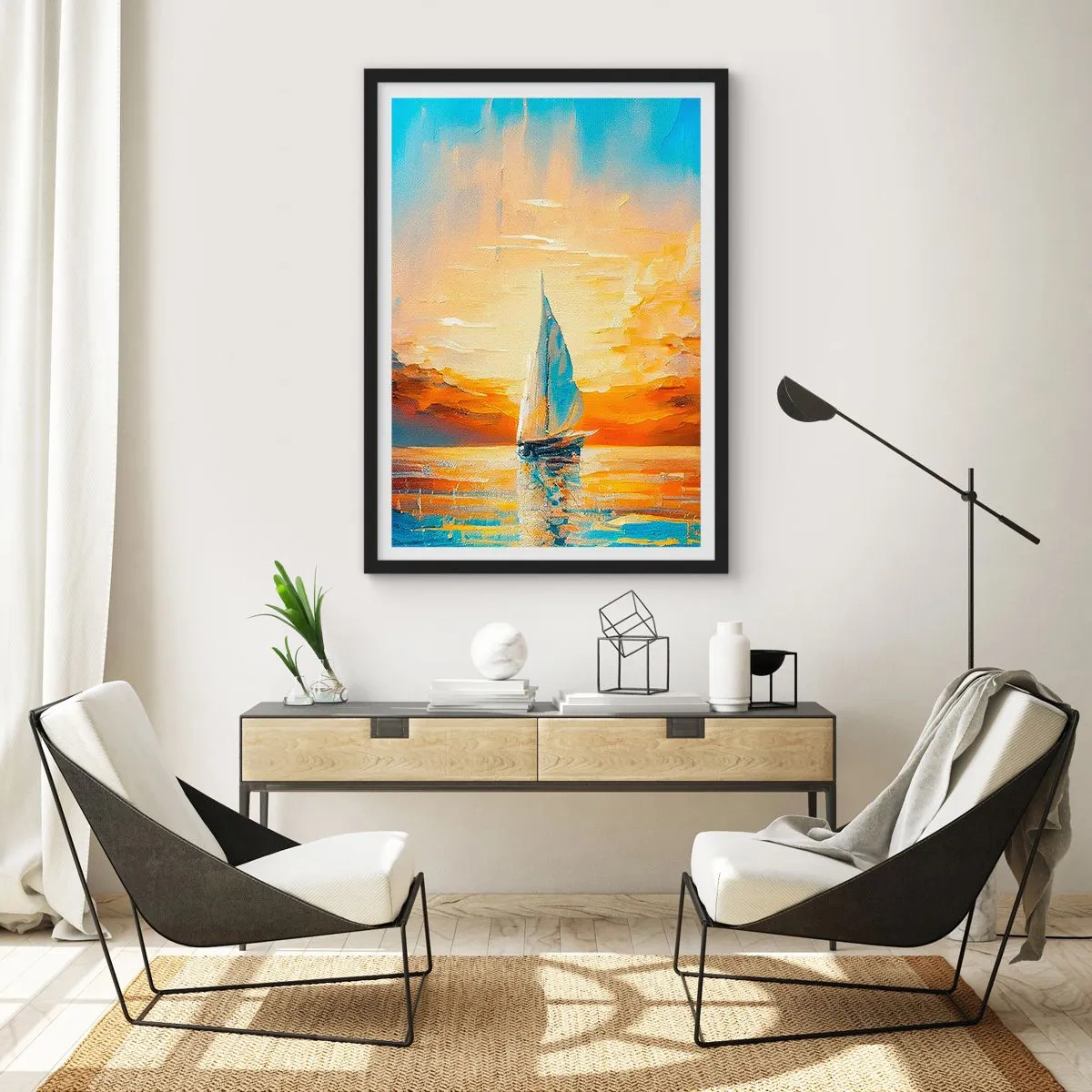 Affisch i svart ram - En segelbåt mot bakgrund av en gyllene solnedgång - 50x70cm - Segla i gult - Modern väggdekoration för vardagsrum och sovrum ARTTOR