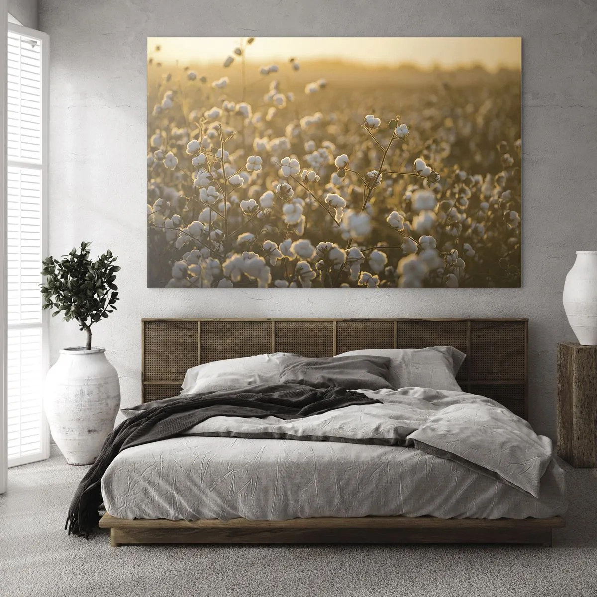 Glastavla - Bild på glas - Bomullsfält vid solnedgången - 70x50cm - Fluffigt fält - Modern väggdekoration för vardagsrum och sovrum ARTTOR