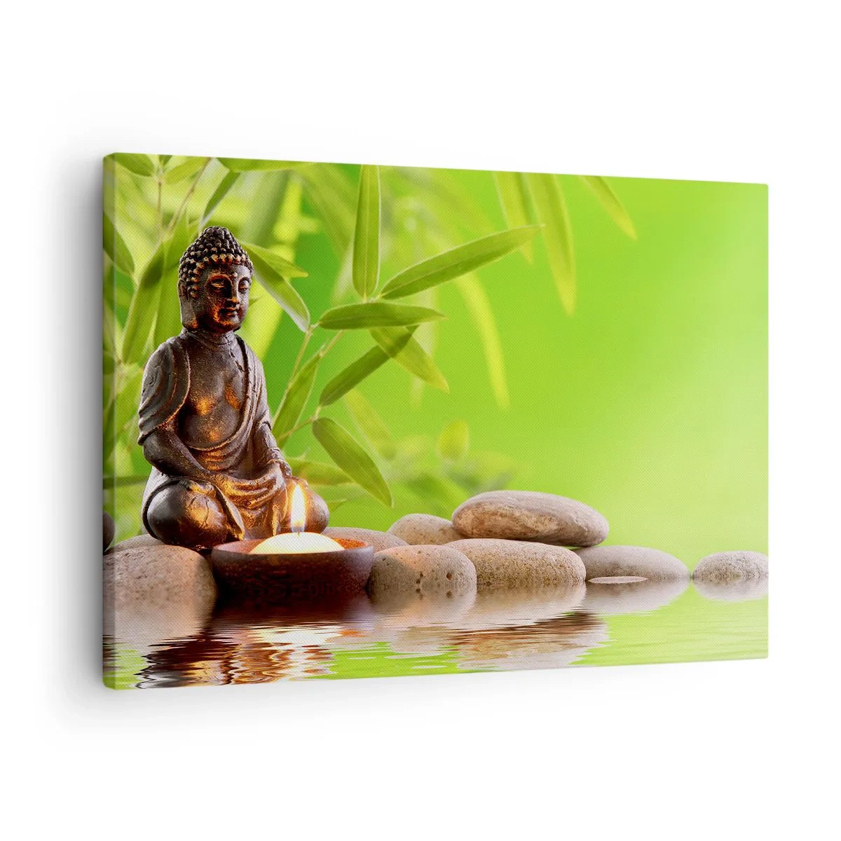 Canvastavla - Bild på duk - Buddhafigur med stenar och ett ljus mot en bambubakgrund - 70x50cm - Livet är skönt - Modern väggdekoration för vardagsrum och sovrum ARTTOR