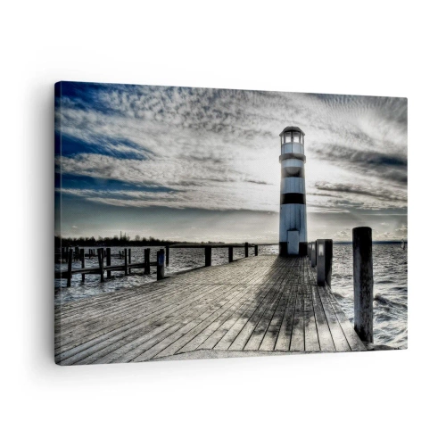 Canvastavla - Bild på duk - Fyr på en träpir med utsikt över havet. - 70x50cm - Seglare, jag väntar på er - Modern väggdekoration för vardagsrum och sovrum ARTTOR