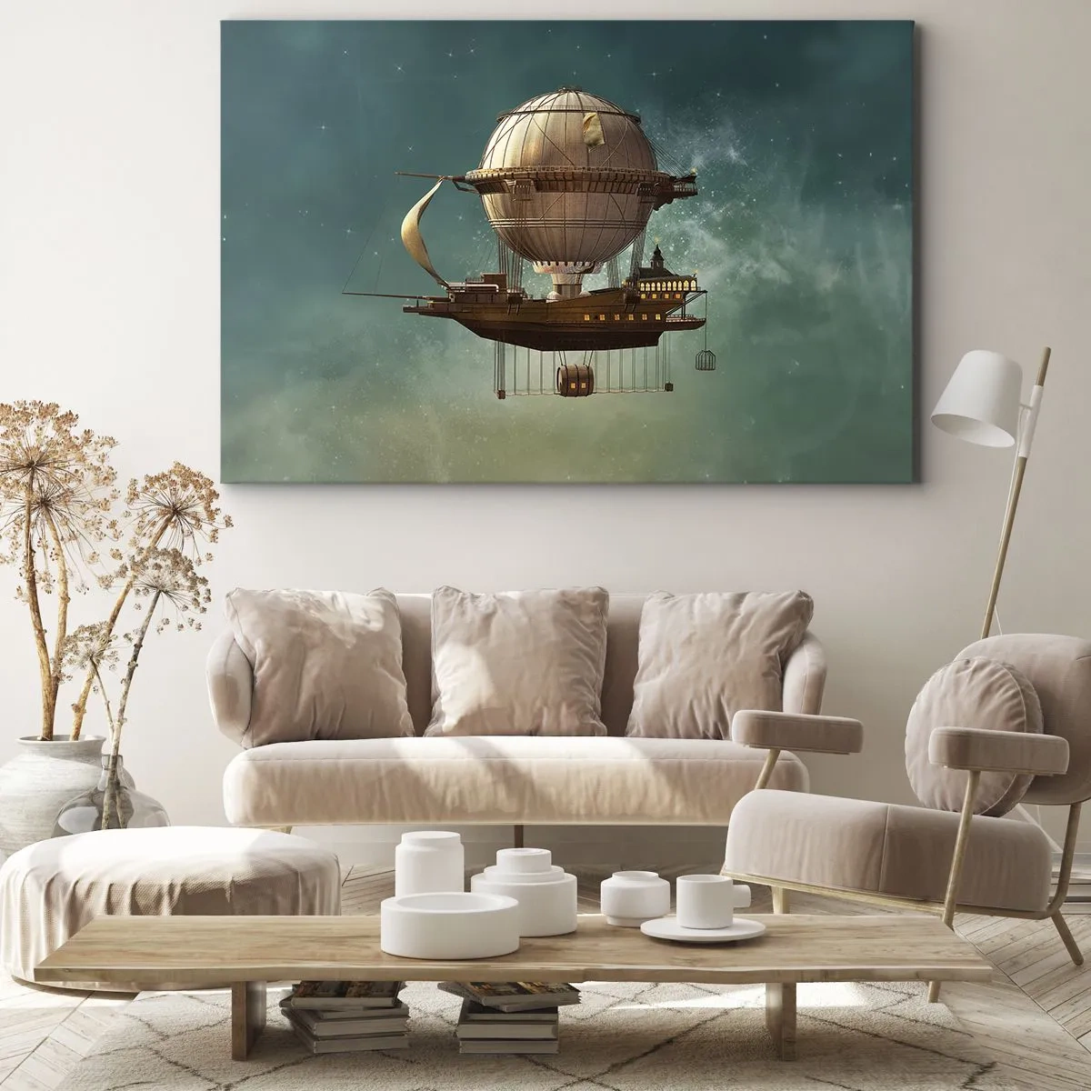 Canvastavla - Bild på duk - Ett fantastiskt luftskepp mot den grönaktiga himlen - 70x50cm - Jules Verne hälsar - Modern väggdekoration för vardagsrum och sovrum ARTTOR
