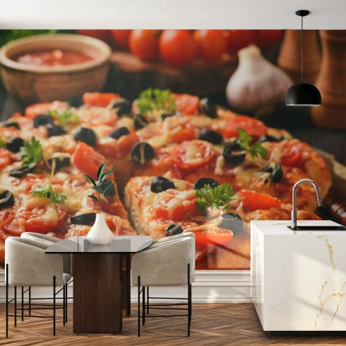 Självhäftande Fototapet Deluxe Sticker - Färdigt bakat - Gastronomi, Pizza, Tomat - 250x175 cm