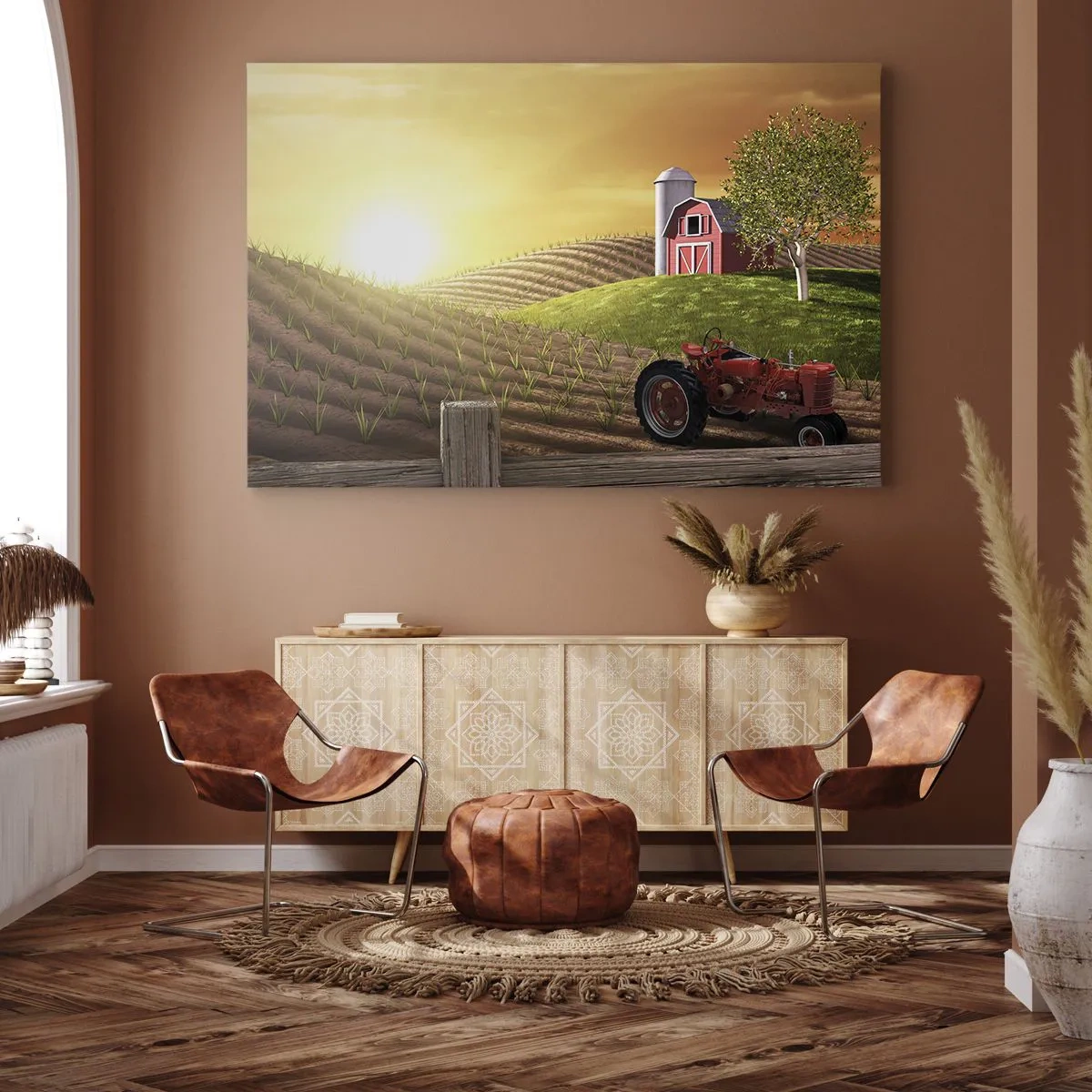 Canvastavla - Bild på duk - Lantligt landskap med en röd lada, traktor och soluppgång - 70x50cm - Sagolik farm - Modern väggdekoration för vardagsrum och sovrum ARTTOR
