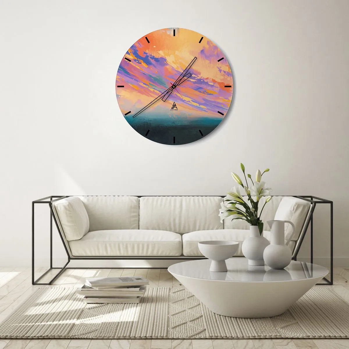 Väggklocka - Klocka på glas - Abstrakt solnedgång i pastellfärger - 30x30cm - Dragkraft - Modern väggdekoration för vardagsrum, kök och sovrum ARTTOR