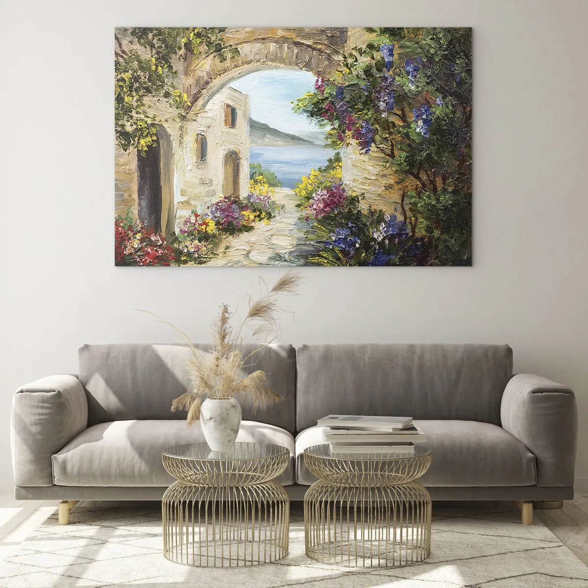 Glastavla - Bild på glas - En pittoresk gata med utsikt över sjön - 70x50cm - Kustprovinsens charm - Modern väggdekoration för vardagsrum och sovrum ARTTOR
