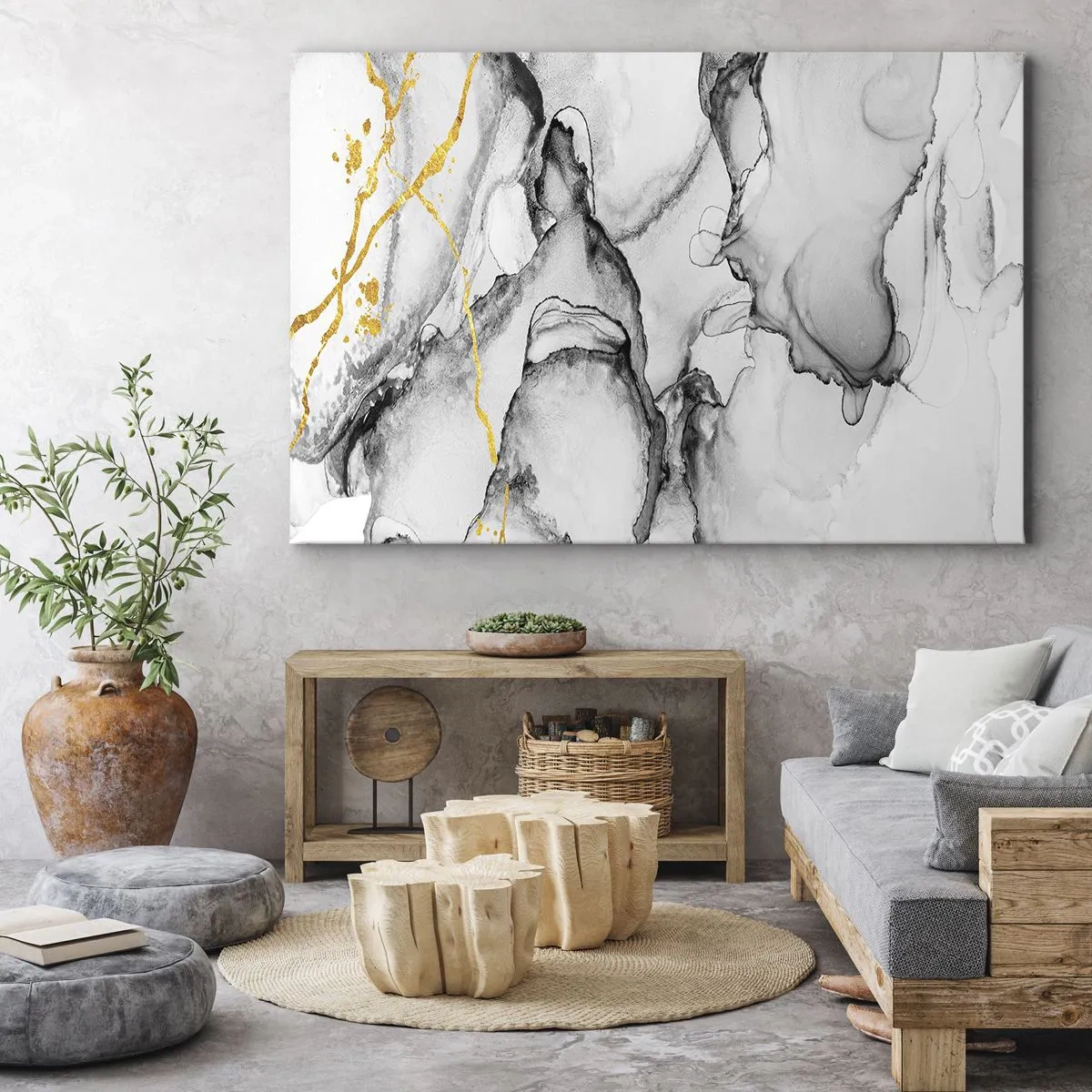Canvastavla - Bild på duk - Abstrakta svartvita mönster med gulddetaljer - 70x50cm - Komposition med guldmotiv - Modern väggdekoration för vardagsrum och sovrum ARTTOR