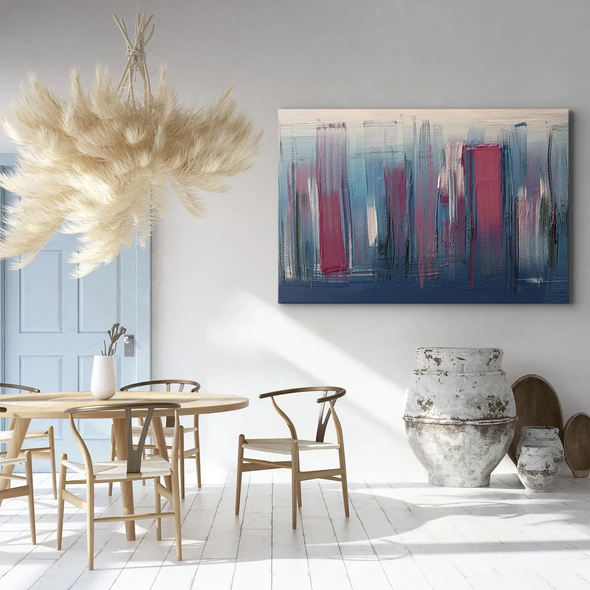 Canvastavla - Bild på duk - Abstrakta vertikala former i nyanser av blått och rött - 70x50cm - Vertikal komposition i blått och rött - Modern väggdekoration för vardagsrum och sovrum ARTTOR