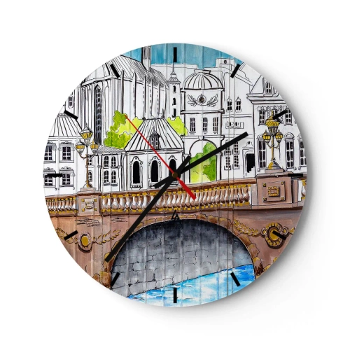 Väggklocka - Klocka på glas - Illustration av stadsarkitektur med en bro - 30x30cm - Stad som målad - Modern väggdekoration för vardagsrum, kök och sovrum ARTTOR