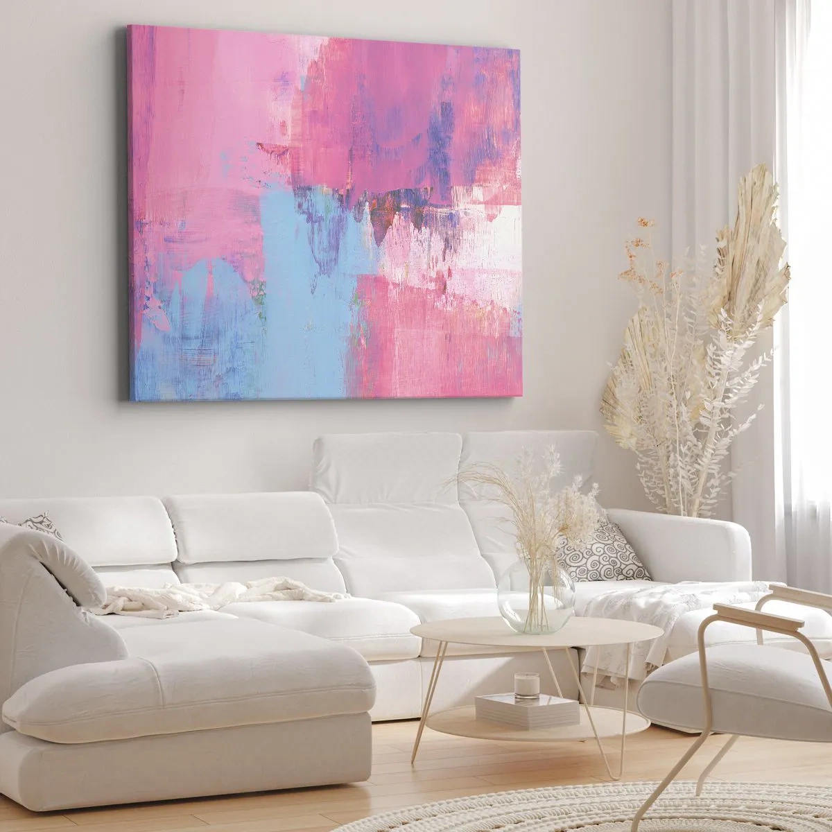 Canvastavla - Bild på duk - Abstrakt komposition i rosa och blått - 70x50cm - Rosa, blått och en gnutta ljus - Modern väggdekoration för vardagsrum och sovrum ARTTOR