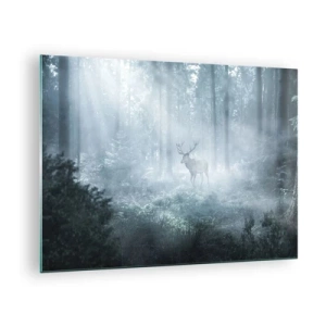 Glastavla - Bild på glas - En hjort i en dimmig skog upplyst av morgonsolens strålar - 70x50cm - Morgonrond runt godset - Modern väggdekoration för vardagsrum och sovrum ARTTOR