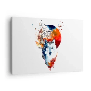 Canvastavla - Bild på duk - Abstrakt akvarellmålning av en varg mot en röd måne - 70x50cm - Näsa mot näsa med naturen - Modern väggdekoration för vardagsrum och sovrum ARTTOR