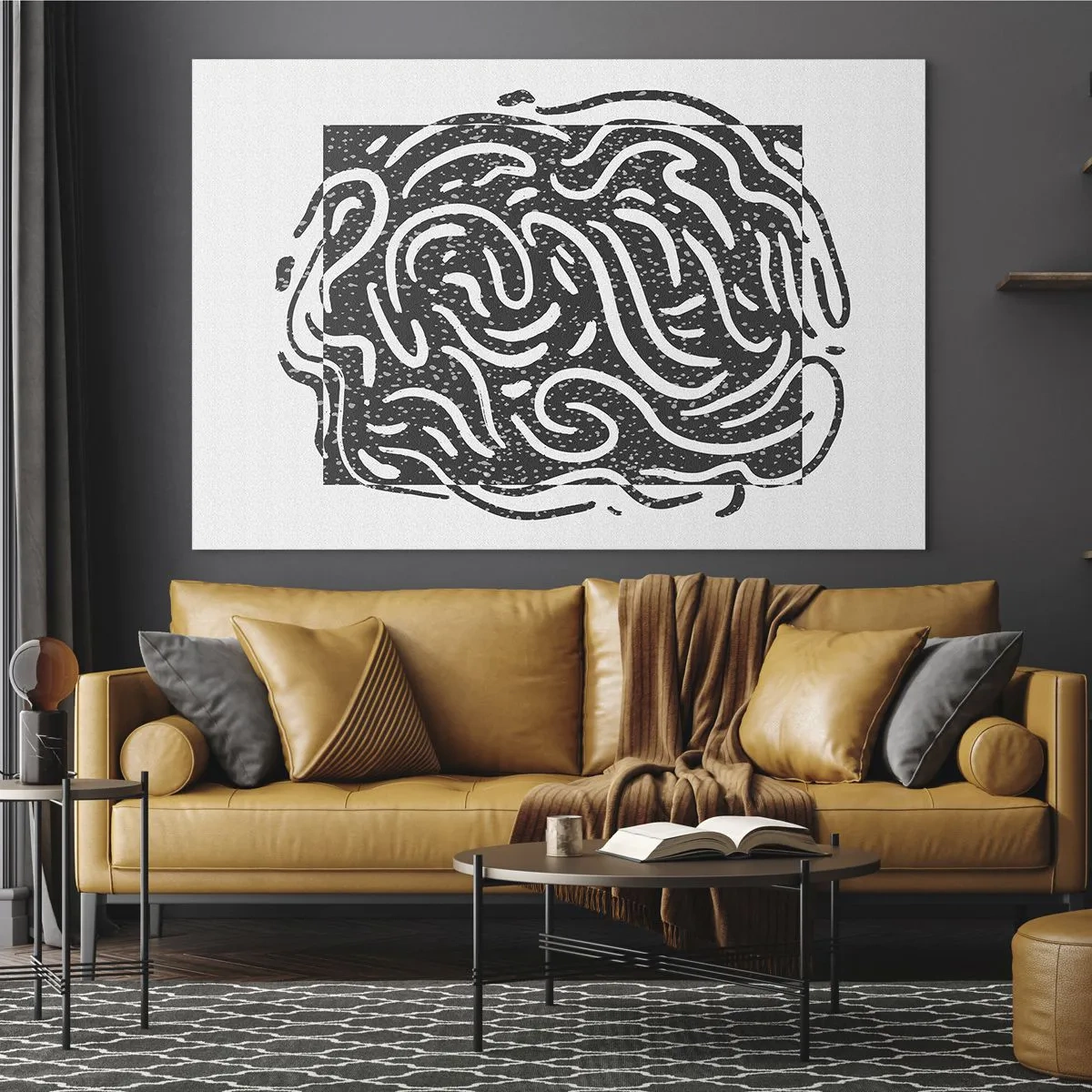 Glastavla - Bild på glas - Dynamiska abstrakta linjer och prickar som skapar en energisk form - 70x50cm - Abstraktion: en dans av glädje - Modern väggdekoration för vardagsrum och sovrum ARTTOR