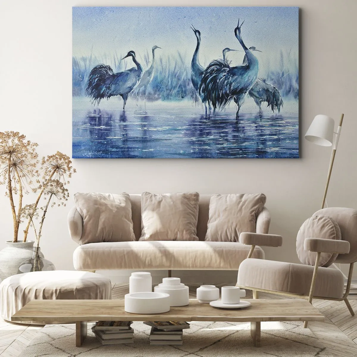 Canvastavla - Bild på duk - Tranor mot bakgrund av dimma och vatten i blå toner - 70x50cm - Morgonmöte - Modern väggdekoration för vardagsrum och sovrum ARTTOR