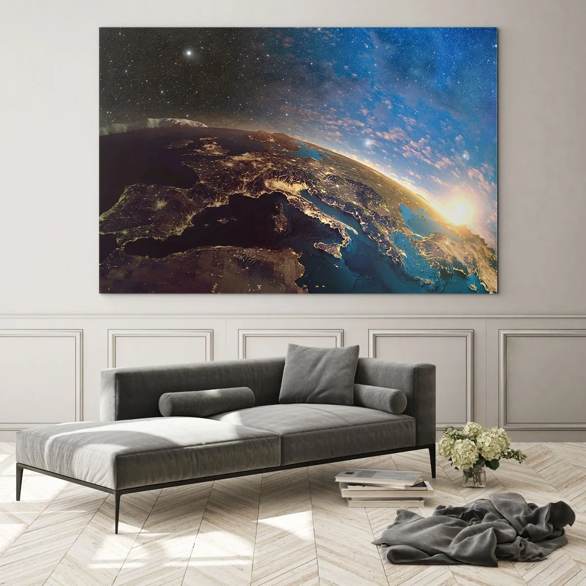 Glastavla - Bild på glas - En vy av jorden från rymden med soluppgången synlig - 70x50cm - Låt oss titta på varandra på avstånd - Modern väggdekoration för vardagsrum och sovrum ARTTOR