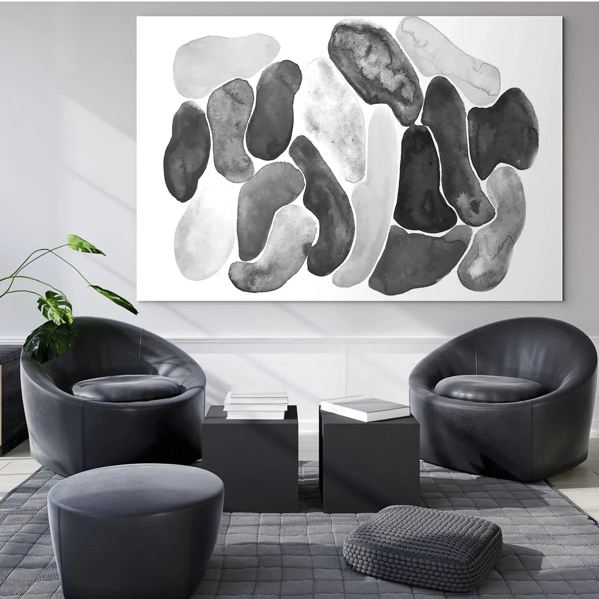 Glastavla - Bild på glas - En svartvit komposition av abstrakta former som liknar stenar. - 70x50cm - Stenig abstraktion - Modern väggdekoration för vardagsrum och sovrum ARTTOR