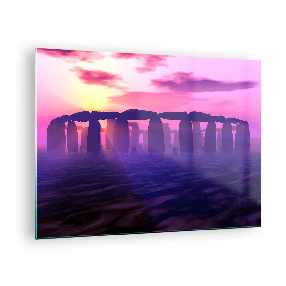 Glastavla - Bild på glas - Stonehenge i ljuset av en rosa solnedgång - 70x50cm - Gryningens hemlighet i dimma - Modern väggdekoration för vardagsrum och sovrum ARTTOR