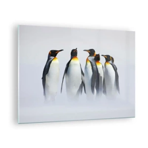 Glastavla - Bild på glas - En grupp pingviner i ett vinterlandskap - 70x50cm - En träff i kvällsdräkter - Modern väggdekoration för vardagsrum och sovrum ARTTOR