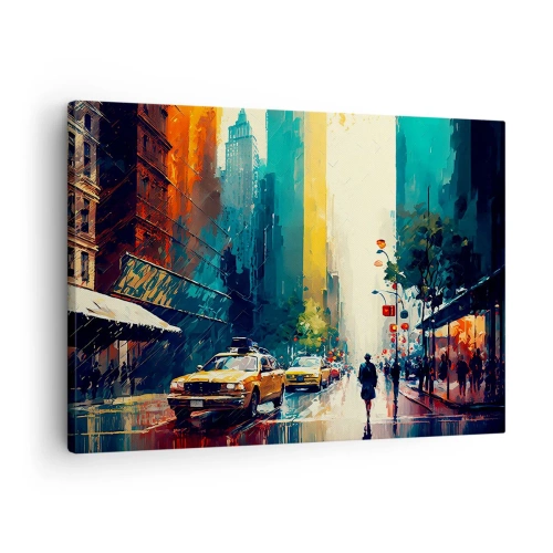 Canvastavla - Bild på duk - En livlig stad med taxibilar och förbipasserande - 70x50cm - New York - här är till och med regnet färgstarkt - Modern väggdekoration för vardagsrum och sovrum ARTTOR