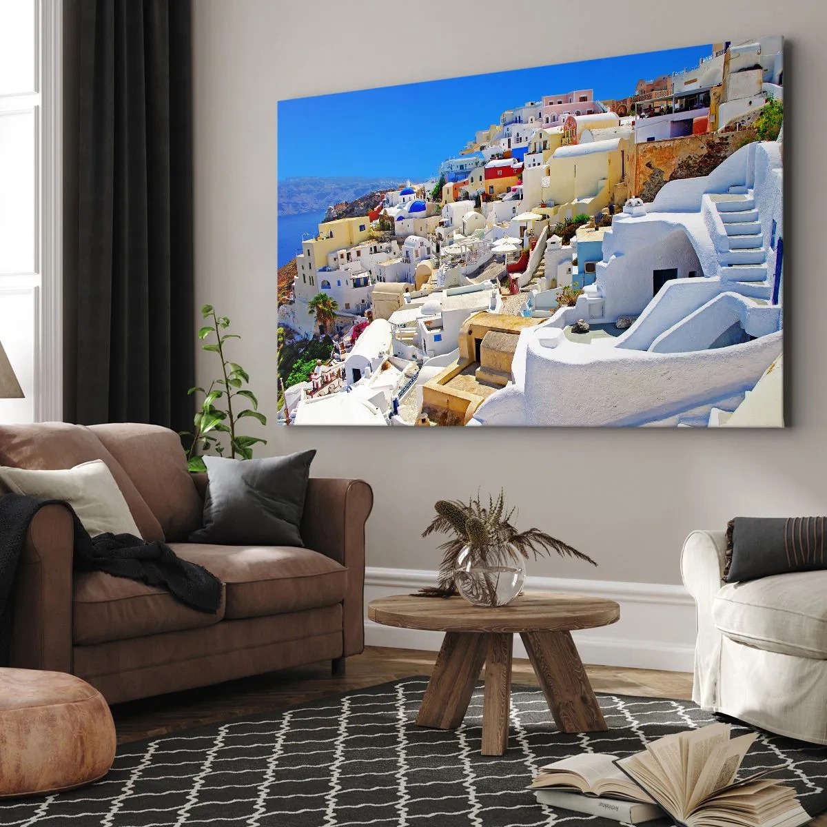 Canvastavla - Bild på duk - Panorama över Santorini med vita hus och blå himmel - 70x50cm - En dröm om grekisk sommar - Modern väggdekoration för vardagsrum och sovrum ARTTOR