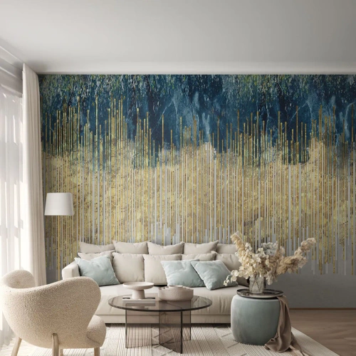 Fototapet Standard Eco - Gyllene linjer mot en marinblågrå abstrakt bakgrund - 100x70cm - Förgylld gräns - Modern väggdekoration för vardagsrum och sovrum ARTTOR