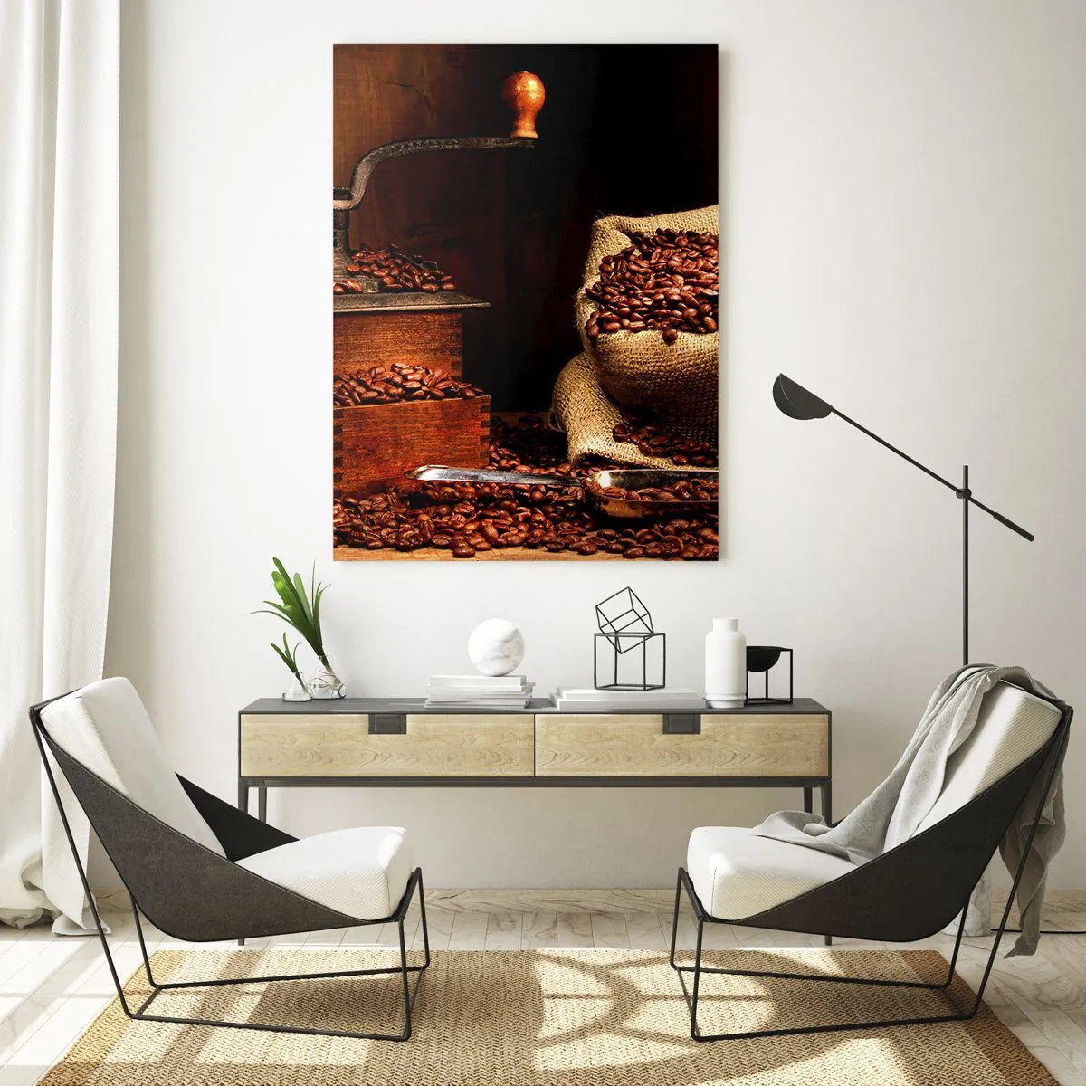 Glastavla - Bild på glas - Stilleben med kaffebönor och kvarn - 50x70 cm
