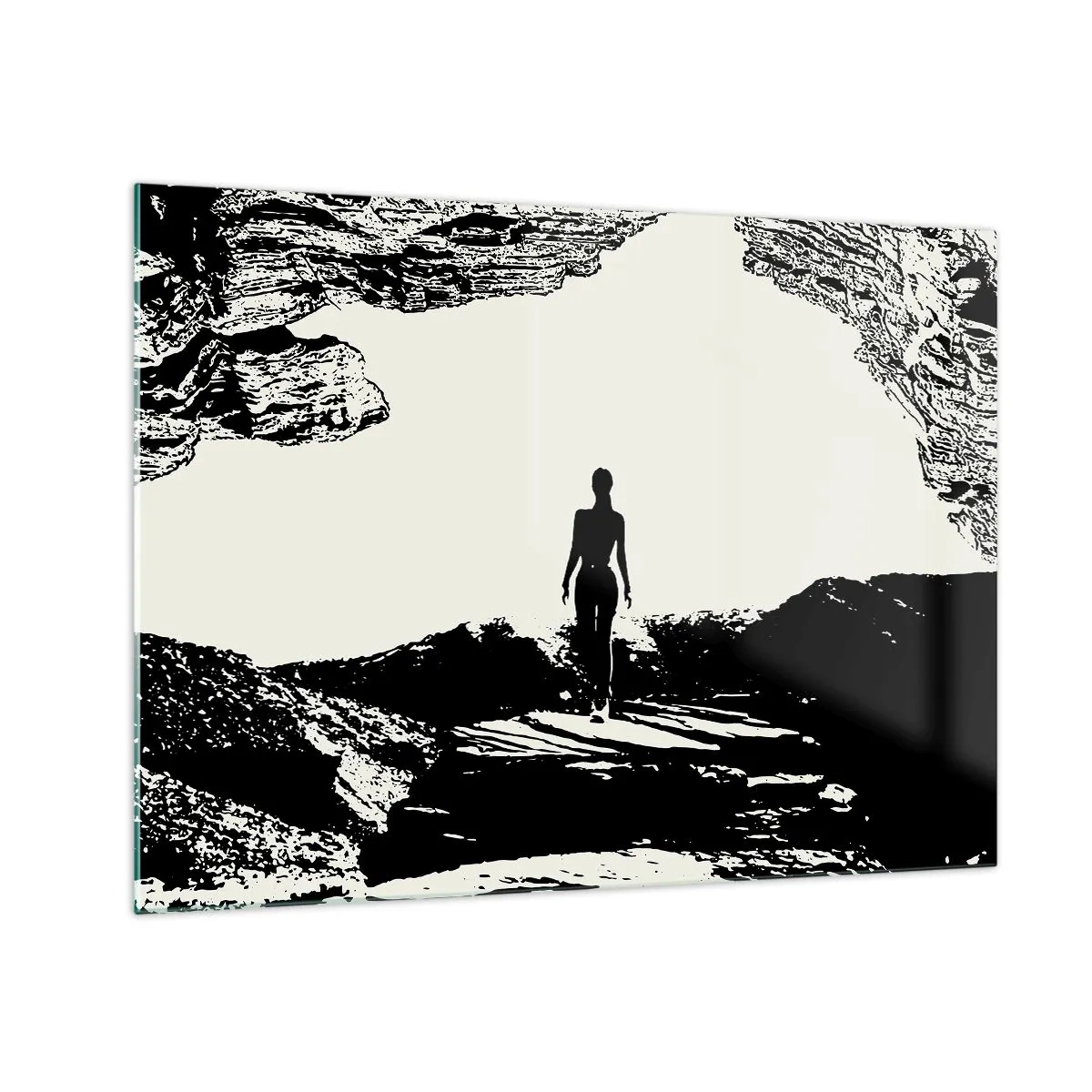 Glastavla - Bild på glas - Silhuett av en kvinna som kommer ut ur en grotta i svartvit grafik - 70x50cm - En ny blick - Modern väggdekoration för vardagsrum och sovrum ARTTOR