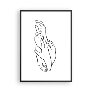 Affisch i svart ram - En minimalistisk skiss av knäppta händer mot en vit bakgrund. - 50x70cm - Hand i hand - Modern väggdekoration för vardagsrum och sovrum ARTTOR